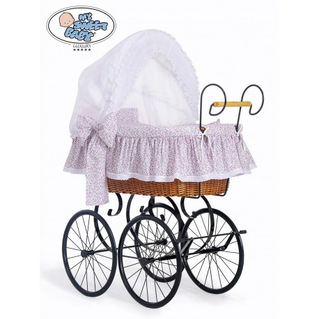 Cuna moisés bebé de mimbre Vintage Retro - Blanco-Rosa