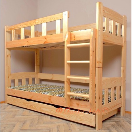 Cama litera de madera maciza Inez con cajón y colchones 180x90 cm
